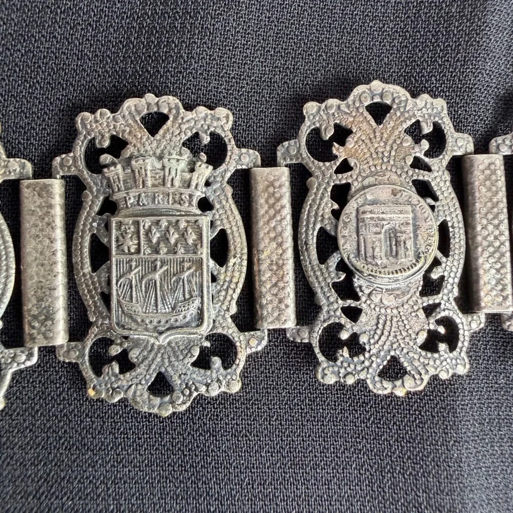 Vintage Paris France Souvenir Panel Bracelet Eiffel Tower Notre Dame Silver Tone